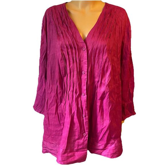 New Deane & White Linen Rayon Women Plus 2X Button Shirt Fuchsia Beach Lagenlook - Picture 1 of 9